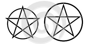 Set illustrations of a pentagram, a five-pointed star in a circle. Satanism or astrology sign, isolated on white background, photo