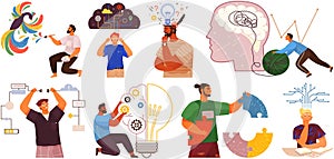 Set of illustrations about people with different mental mindset types, logical and creative thinking