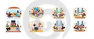 Set of illustrations people have fun watching TV, playing board games and listening to guitar music