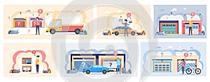 Set of illustrations about people looking for modern garage with automatically opening doors