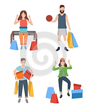 Set of illustrations with people with purchases and pastime outdoors. Buyers with colorful boxes