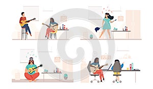 Set of illustrations with performers sing and compose in office. People with guitar at workplace