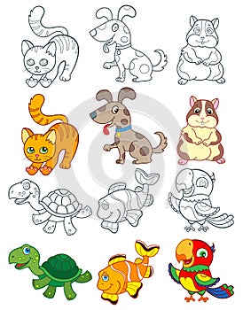 Illustration with set of Pets, bright animales and contours isolated on a white background photo