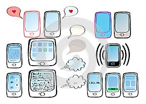 Set of illustrations with phones, tablets, sms and icons