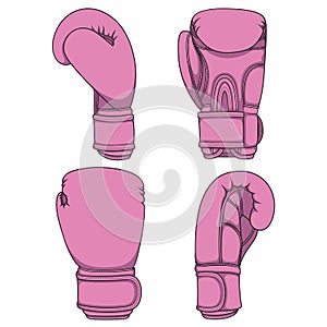 Set of illustrations with pink boxing gloves. Isolated colorful vector objects.