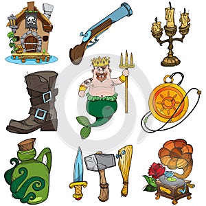 Set illustrations with pirate attributes. Various items Medieval Pirates. Cartoon drawing for gaming mobile applications