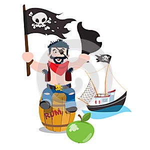A set of illustrations on the pirate theme. A man sitting on a wooden barrel and holds the Jolly Roger and tricorne