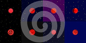 Set of illustrations of the planet Mars in the starry sky. Red planet in space