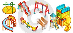 A set of illustrations of the playground. Equipment for playing.