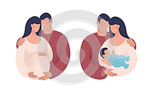 Set of illustrations about pregnancy and family. A couple expecting a baby, a man and a woman with a newborn. Flat