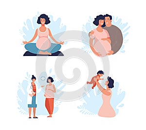 A set of illustrations about pregnancy and motherhood. Dad and mom with a baby, the child is growing, to the doctor, yoga for