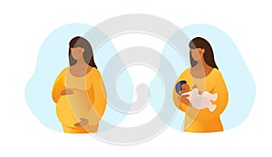 Set of illustrations about pregnancy and motherhood. Pregnant black woman. Girl with a newborn baby. Simple flat picture isolated