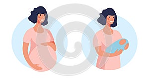 A set of illustrations about pregnancy and motherhood. Pregnant woman on a round blue background. Girl with a newborn