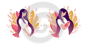 Set of illustrations about pregnancy and motherhood. Pregnant woman with tummy on a background of leaves. Girl with a
