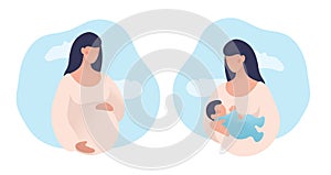 Set of illustrations about pregnancy and motherhood. Pregnant woman with tummy on a background of sky. Girl with a newborn baby on