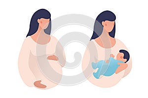 Set of illustrations about pregnancy and motherhood. Pregnant woman with tummy. Lady with a newborn baby. Vector illustration in a