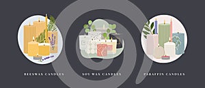 Set of illustrations of scented burning candles. Beeswax, paraffin, soy wax candles in jar and pillar with greenery, abstract