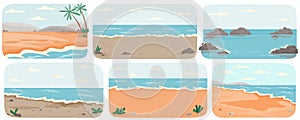 Set of illustrations with sea landcapes. Coastline with ocean and waves vector illustration photo