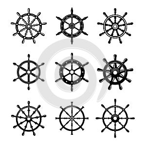Set of illustrations of ship wheel. Design element for logo, label, sign, emblem, poster.