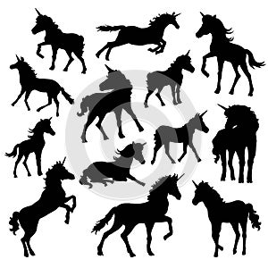 A set of illustrations of silhouettes of unicorns