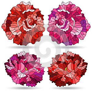 Set of illustrations in a stained glass style with bright peony and rose flowers, isolated on a white background