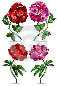 Set of illustrations in a stained glass style with bright peony and rose flowers, isolated on a white background
