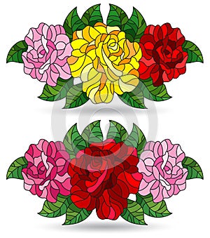 Set of illustrations in a stained glass style with bright rose flowers, isolated on a white background