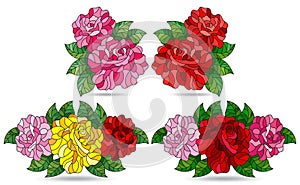 Set of illustrations in a stained glass style with bright rose flowers, isolated on a white background