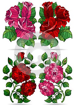 Set of illustrations in a stained glass style with bright rose flowers, isolated on a white background