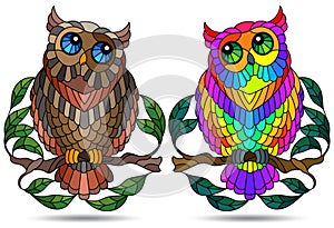 A set of illustrations in stained glass style with a cute owls on a branches, dark contours on white background