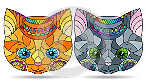 Stained glass illustration with  the faces of cute cartoon cats, animals isolated on a white background