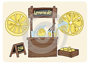 A set of illustrations of a stand with lemonade. Lemonade stand, lemon crate, ice, lemon, summer time, ready to use, eps