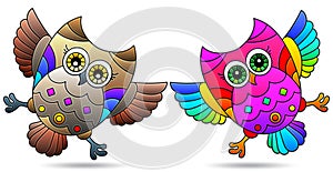 Set of illustrations in the style of stained glass with bright cartoon owls, animals isolated on a white background