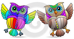 Set of illustrations in the style of stained glass with bright cartoon owls, animals isolated on a white background