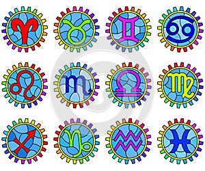 Stained glass illustration with zodiac signs in gears, icons isolated on a white background