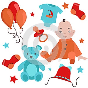 Set of illustrations on the subject of a newborn or baby.