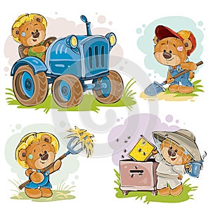 Set of illustrations of teddy bears tractor driver, beekeeper, farmer.