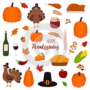 Set of illustrations for thanksgiving with turkeys and holiday symbols on a white background