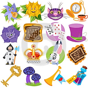 Set of illustrations on the theme of fairy tale Alice`s Adventures in Wonderland. Characters and objects