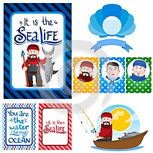 A set of illustrations on the theme of fishing. Fisherman with a shark, a fishing boat. Cards and avatars with cartoon