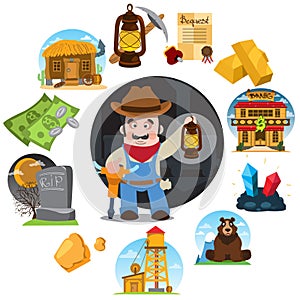 Set of illustrations on the theme of Goldfield. Wild West. Prospector