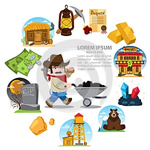 Set of illustrations on the theme of Goldfield. Wild West. Prospector