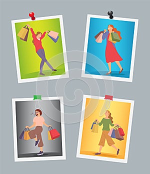 Set of illustrations on the theme of holiday shopping and buying gifts. Women with purchases