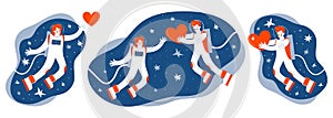 Set of illustrations on the theme of space. Astronauts fly in outer space among the stars. A man gives his heart to a woman. ard