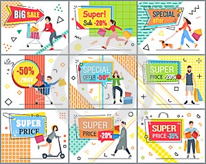 Set of illustrations on the theme of special offer and discounts. People are shopping in the store