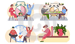 Set of illustrations on the theme of spending time with friends and acquaintances. Big alarm clock