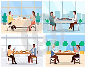 Set of illustrations on the topic of couple dine on traditional dishes from different countries