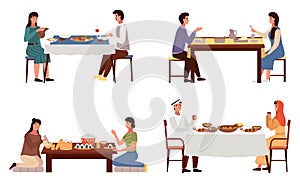 Set of illustrations on the topic of people dine on traditional dishes from different countries