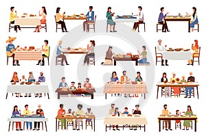 Set of illustrations on the topic of people dine on traditional dishes from different countries