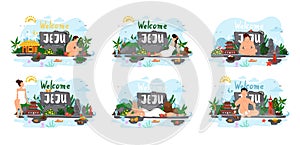 Set of illustrations on topic of people relaxing on exotic island. Welcome to Jeju in South Korea